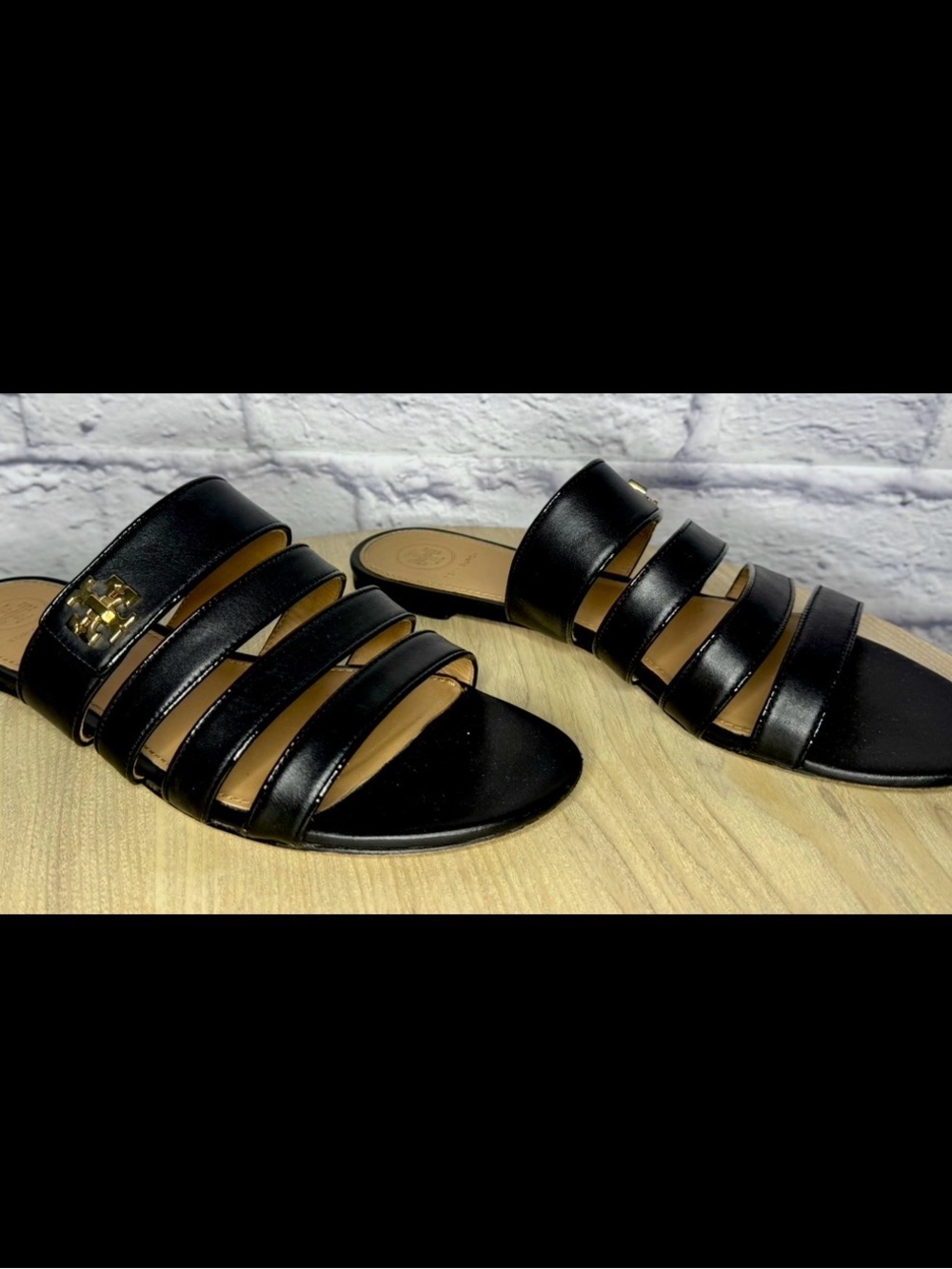 Tory Burch Kira black leather straps flat sandals size 8M